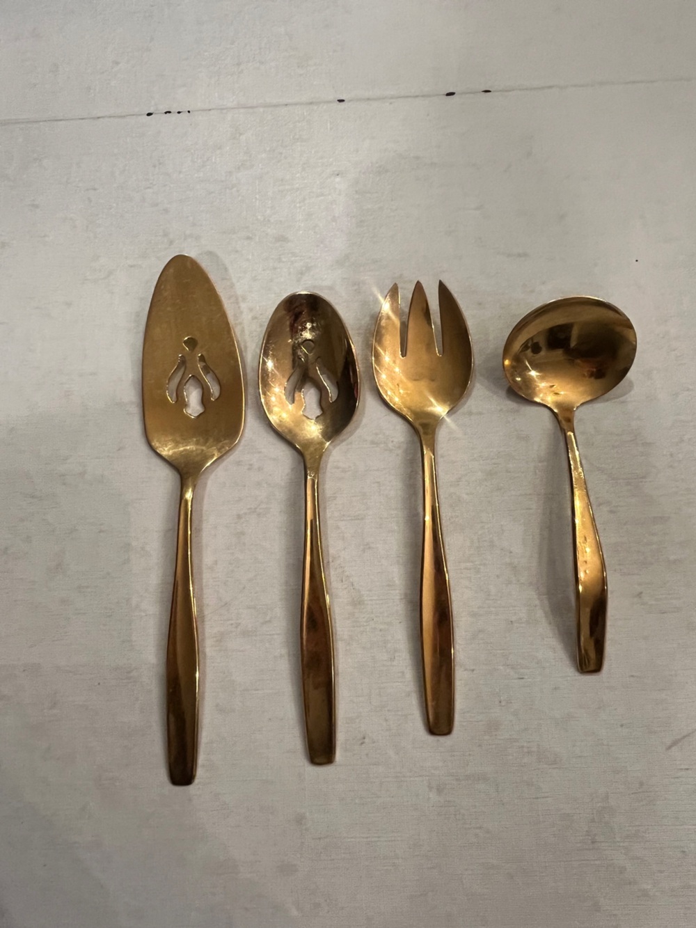 Vintage MCM Gold-Tone Serving fork and Spoons Set. So Famcy!